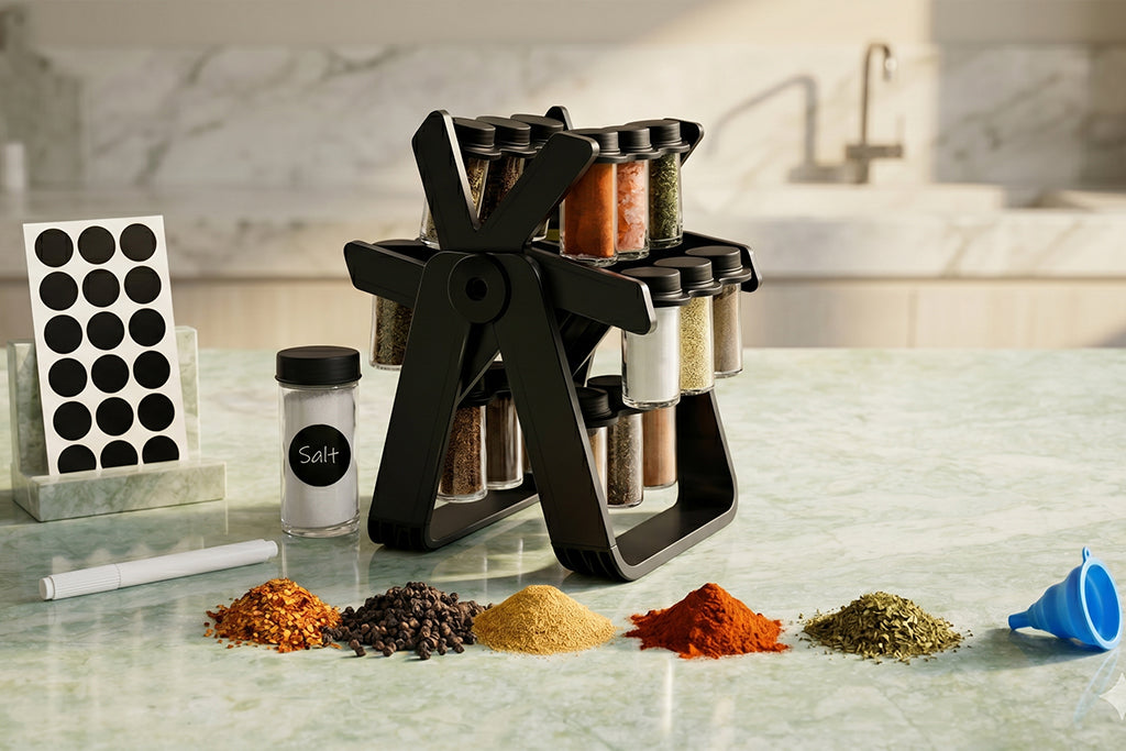 360-degree rotating spice rack with glass jars on a kitchen counter.